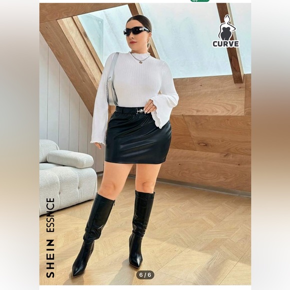 SHEIN Essnce Plus Lettuce Trim Trumpet Sleeve Mock Neck Ribbed Knit Bodysuit - Picture 1 of 4